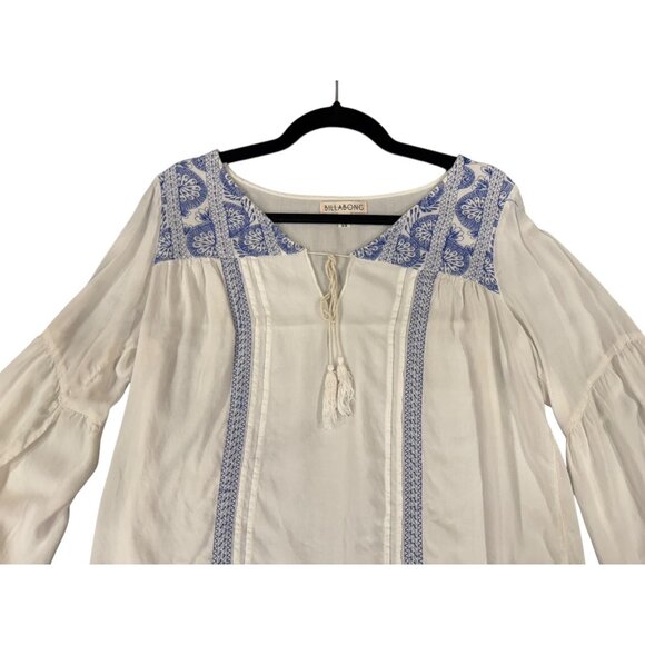 Billabong Shirt Womens Medium White Blue Embroidered Boho Peasant Tassel Tunic - Picture 2 of 12
